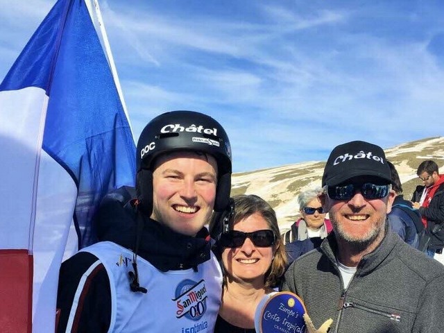 8-3-17, Proud Mum and Dad (Andy Cavet) with son Ben after his fantastic 2nd place result at the Moguls World Championships today in Spain!